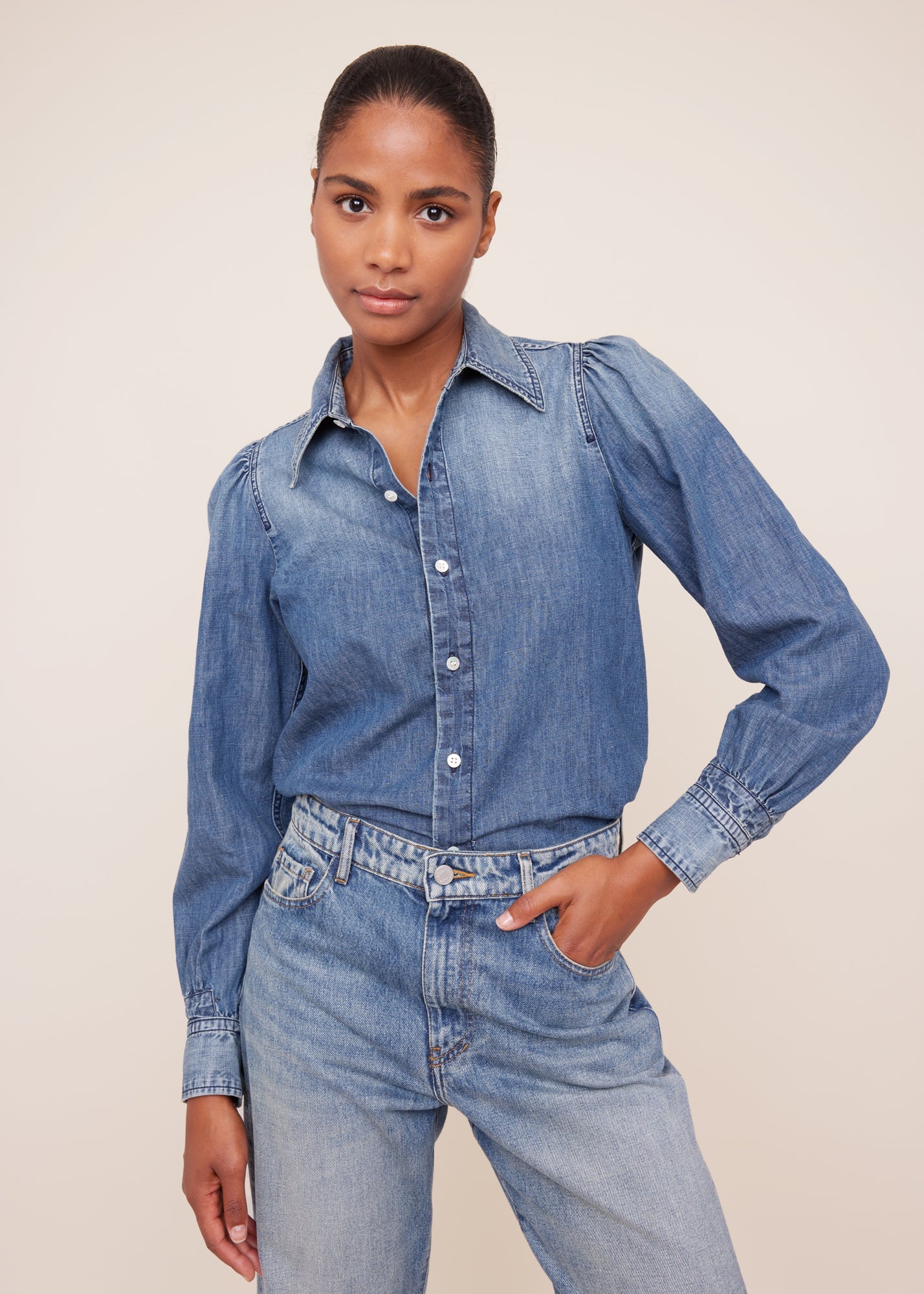 Katoen-linnen denim blouse